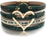 Long tiantian Multilayer Wrap Leather Bracelet Heart Modern Boho Bracelet with Magnetic Clasp Cuff Rhinestone Leather Bracelets for Women
